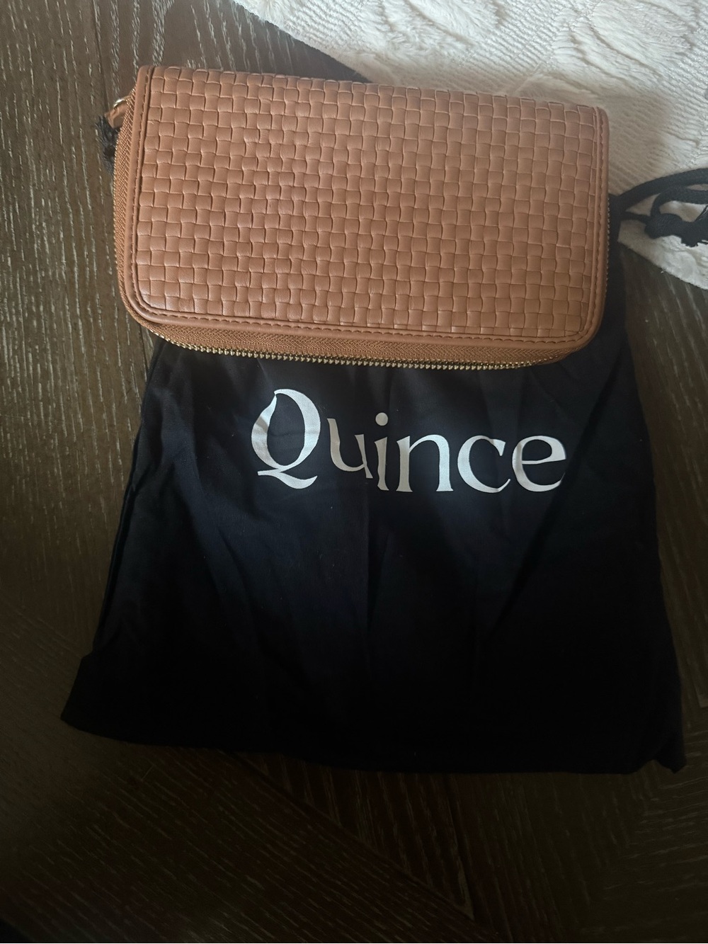 Brand new Quince Cognac Woven Leather Zip Wallet in Tan
